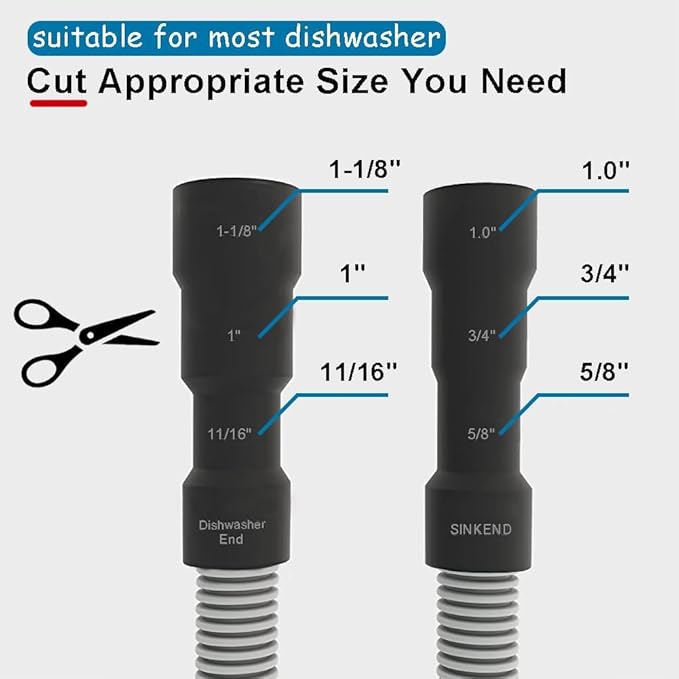 TTFLEX Dishwasher Drain Hose 6 FT, Flexible Discharge Dishwasher Hose with Stainless Steel Clamps, Trim to Fit 11/16", 1", or 1-1/8" Dishwasher End, Fit 5/8", 3/4", or 1" Garbage Disposal/Sink End
