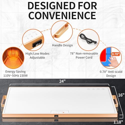 Warming Mat for Food,XL 24"x16",Tempered Glass Electric Warming Tray, White - Image 3
