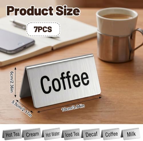 7Pcs Stainless Steel Coffee Table Tent Signs, 3.9 x 2.4 Inch Double Sided Beverage Display Stand for Cafe Buffet Restaurant Party (Coffee, Decaf, Hot Tea, Iced Tea, Hot Water, Cream, Milk) - Image 2