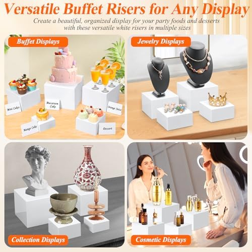 Qinzave 3Pcs White Acrylic Buffet Risers with Acrylic Maker Pen and Mini Sign, 6" 7" 8" Food Risers for Buffet Table Shelf Display Stand for Party Catering Dessert Collectibles Jewelry - Image 5