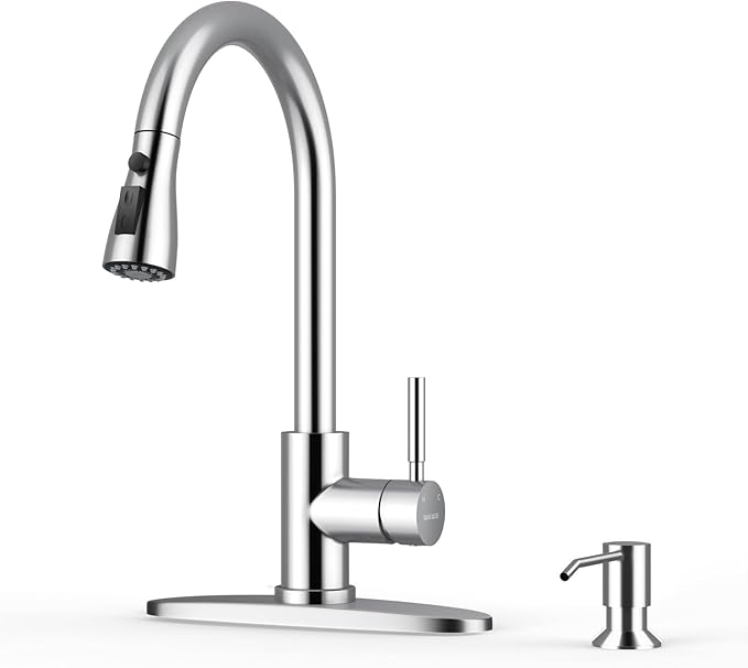 WEWE Kitchen Faucet with Soap Dispenser and Pull Down Sprayer, RV Single Handle Classic 3 Modes Stainless Steel Faucet for Kitchen Sink, RV, Polishede Chrome