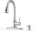 WEWE Kitchen Faucet with Soap Dispenser and Pull Down Sprayer, RV Single Handle Classic 3 Modes Stainless Steel Faucet for Kitchen Sink, RV, Polishede Chrome