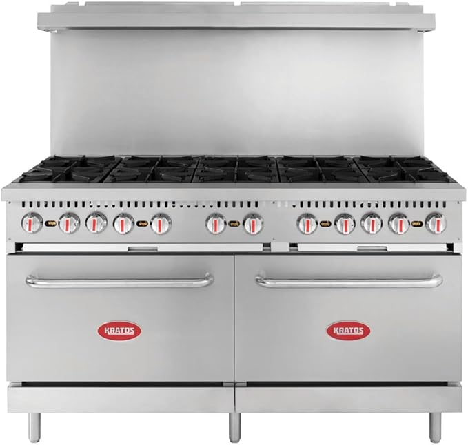 Kratos Commercial Gas Range and Oven, 10 Burners and 2 Full Sized Ovens, Liquid Propane Powered, Stainless Steel, 360,000 Total BTU Output, 60" Wide (29Y-045-LP)