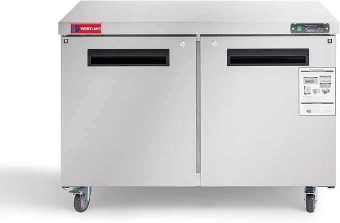 WESTLAKE 48"" W Commercial Refrigerator Worktop Undercounter Refrigerator 12 Cu.ft Double Door Stainless Steel Counter Fan Cooling Refrigerator Food Prep Station for Restaurant, Bar, WKTR-48B