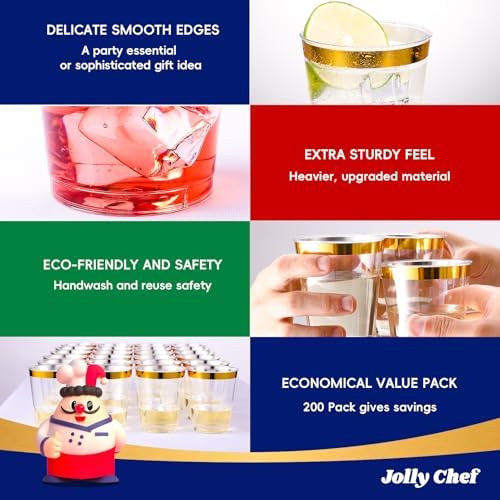 JOLLY CHEF 200 Pack Gold Plastic Cups, 10 oz Clear Plastic Cups - Image 3