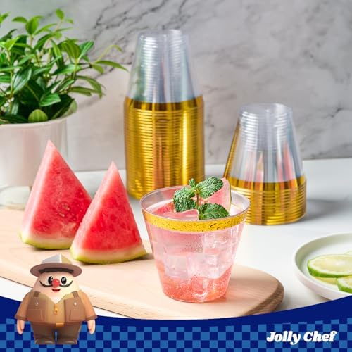 JOLLY CHEF Gold Rimmed Plastic Cups, 9 oz Clear Party Tumblers 100 Pack - Image 6