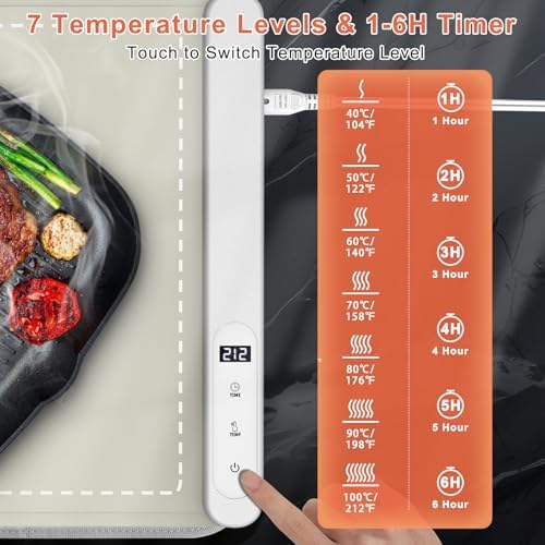 FYY Extra Long Warming Mat for Food with Heat Resistant Pad, Prevent Countertop Cracks, Keep Meal Warm, Rapid and Full Surface Heating, 6 Temp Settings, 6H Timer, Rollable Portable Food Warmer, Khaki - Image 5