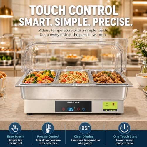 Electric Buffet Server Set with Touch Control, 9QT Three-Section Food Pan (3 × 3QT), Stainless Steel Roll Top Chafing Dish for Catering Buffet - Image 3