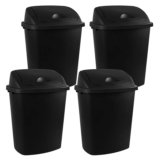 4 Pack 6.6 Gallon Black Garbage Bins, Plastic Trash Can with Swing Lid
