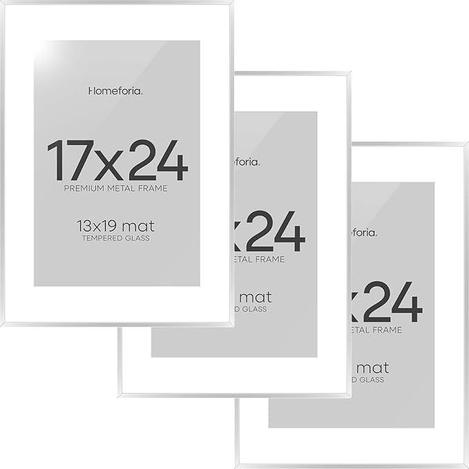 Homeforia 17x24 Picture Frame Silver, High End Metal 17x24 Frames with Mat 13x19 for Photo, 17 x 24 Silver Poster Frame Matted to 13 x 19 Print, 24x17 Hanging Frame, Tempered Glass, Wall Kit, Set of 3
