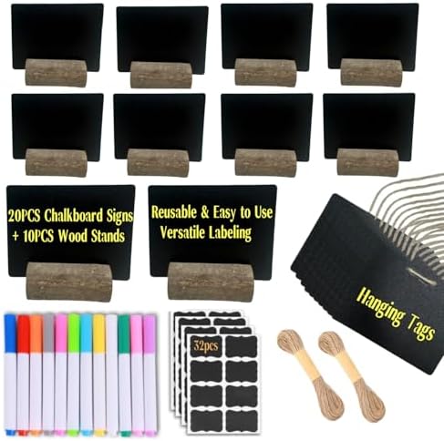 20 Pack Mini Chalkboard Signs for Food Buffet Table Reusable Catering Labels with 10 PCS Wooden Rustic Stands, Party Buffet Food Tags, Small Chalk Board Sign Holders for Wedding Birthday Bakery by YZLIANGYUAN