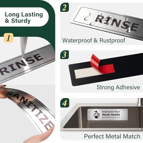Wash Rinse Sanitize Sink Labels, 3 Compartment Sink Stickers with Employees Must Wash Hands Sign, Commercial Kitchen Dishwashing Signs for Restaurant, Food Truck, Food Service, 4 Pack Brushed Aluminum - Image 5