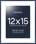 Homeforia 12x15 Navy Blue Picture Frame, High End Metal 12x15 Poster Frames with Mat 9x12 Photo, 12 x 15 Navy Blue Frames Matted to 9 by 12 Print, 15x12 Thin Frames, Tempered Glass, Wall Kit, Set of 1