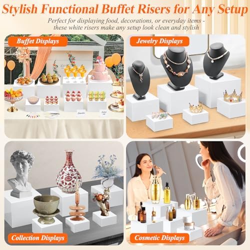 8 Pcs White Buffet Risers with Mini Table Sign, Serving Tongs, Acrylic Food Risers for Buffet Table Display Stand Shelf for Party Catering Dessert Jewelry Collectibles (Size 9" 8" 7" 6" 5" 5" 4" 4") - Image 4