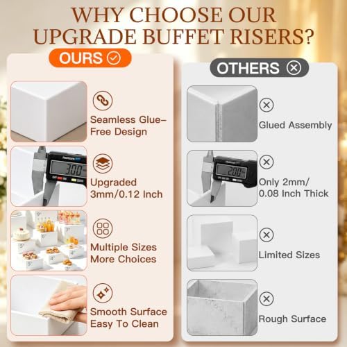7 Pcs Buffet Risers with Mini Sign and Maker Serving Tongs Cake Cutter, White Acrylic Food Display Stands for Buffet Table Party Catering Dessert Nesting Cube Boxes with Hollow Bottoms (8",7",6",5",5",4",4") - Image 6