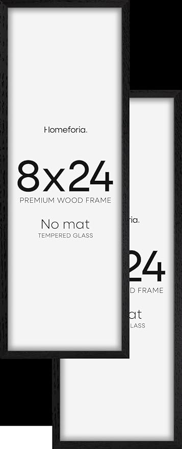 Homeforia 8x24 Black Wood Frame, High End Oak 8 x 24 Panoramic Display Frames without Mat, Wooden 24x8 Thin Hanging Picture Frame for Wall, 8by24 Black Poster Frame, Tempered Glass, Wall Kit, Set of 2