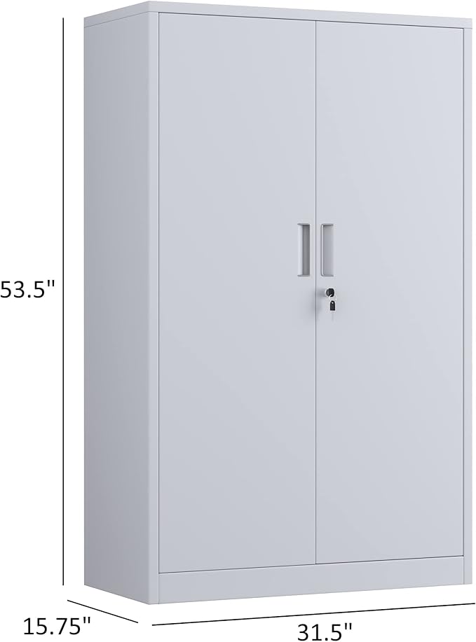 Metal Storage Cabinet with Locking Doors and 3 Adjustable Shelves, 53.5-Inch Tall Lockable Steel Storage Cabinets for Home Office Garage Pantry (White)