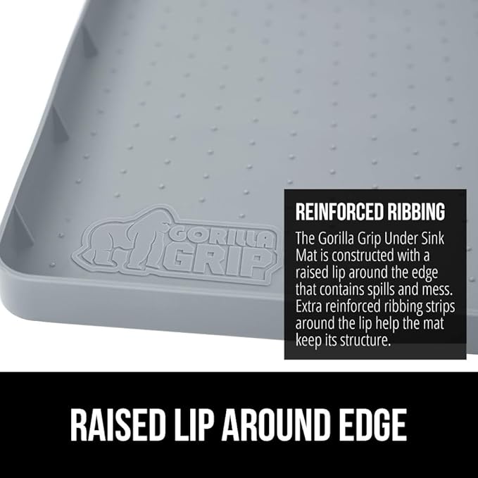 GORILLA GRIP Waterproof Silicone Under Sink Mat with Raised Lip for Kitchen and Bathroom, Cabinet Shelf Liner Stay in Place Mats Dishwasher Safe Drawer Liner, Organizer Tray, 15 x 22 in, Light Grey