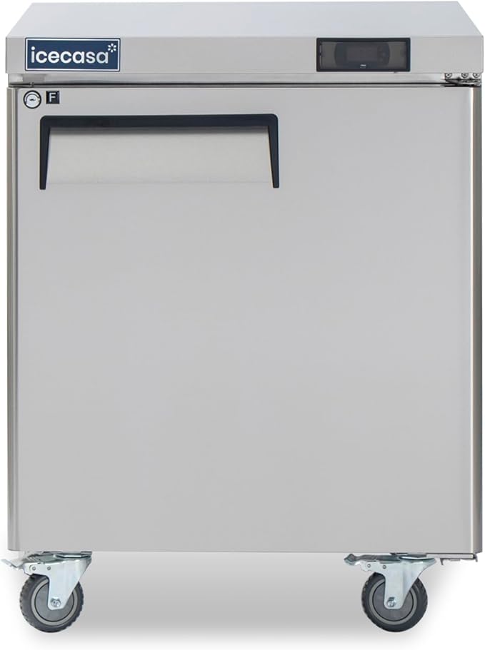 ICECASA 27" W Commercial Freezer Worktop Undercounter Single Door Stainless Steel Counter Fan Cooling Freezer 7 Cu.ft for Restaurant, Bar, Shop, etc