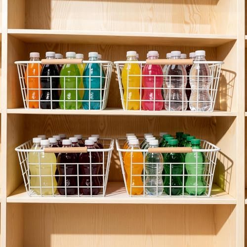 White 2PCS Wire Storage Baskets with Wooden Handles for Pantry Organizer - Image 2