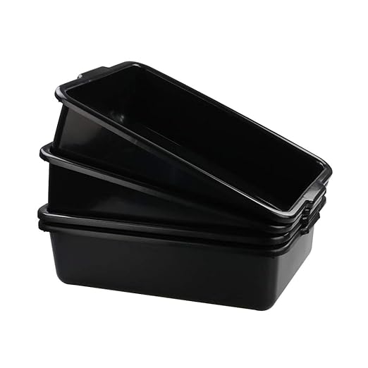 4-Pack Plastic Storage Bin, Bus Utility Tub, Heavy Duty Commercial Dishwashing Box for Restaurant Kitchen Organization and Storage, 24L, Black