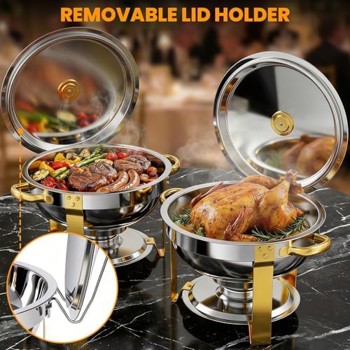 ALSO GO Round Chafing Dishes for Buffet with Serving Tongs, 7QT Chafing Dishes Buffet Set, Golden Stainless Steel Catering Food Warmer for for Party, Gathering, Banquet, Wedding - Image 4