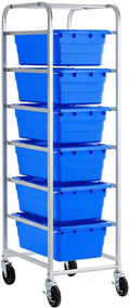 19"x26"x69" Mobile Aluminum Lug Rack with 6 Blue Meat Lugs/Tote Boxes - NSF Heavy-Duty Commercial Portable Storage Cart with 5" Casters, 400 lb., Food Prep and Dishroom Durable Utility Rack