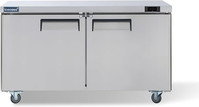 ICECASA 60" W Commercial Freezer Worktop Undercounter Double Door Stainless Steel Counter Fan Cooling Freezer 16.4 Cu.ft for Restaurant, Bar, Shop, etc