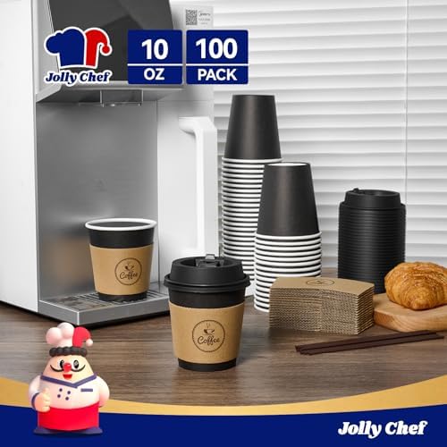 JOLLY CHEF 10 oz Coffee Cups with Lids, Sleeves and Stirrers 100 Count - Image 4