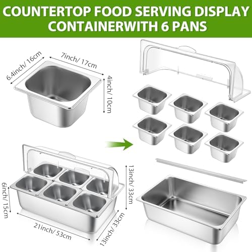 Ziliny 6 Pan Cold Food Buffet Server with Lid Salad Bar Station, Silver - Image 3