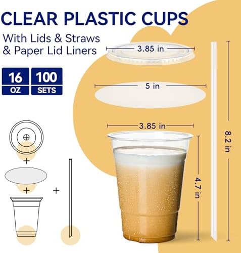 JOLLY CHEF 16 oz Plastic Cups with Lids and Straws 100 Pack for Cold Drink - Image 2