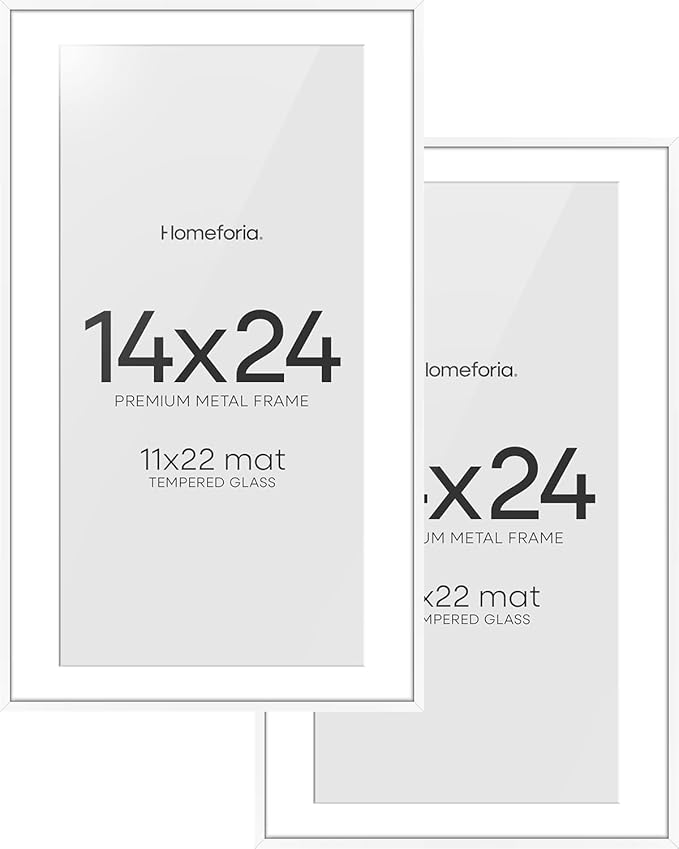 Homeforia 14x24 Picture Frame White, High End Metal 14x24 Poster Frames with Mat 11x22 Photo, 14 x 24 White Frame Matted to 11 by 22 Print, 24by14 Thin Hanging Frames, Tempered Glass, Wall Kit, Set of 2