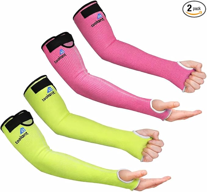 OriStout Cut Resistant Gardening Sleeves with Tumb Hole, Protective Arm Sleeves for Yard Work, Kitchen, Arm Guards for Biting, Pet Grooming, Gardening Gifts for Women, Pink & Green, 2 Pairs