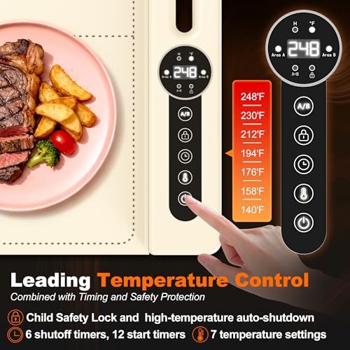 Warming Mat for Food, Roll-UP Fast Heating Silicone with 6 Level Temperature, 2 Zone and 3 Pad Parallel Expansion, Automatic On-Off Timer Setting - Image 2