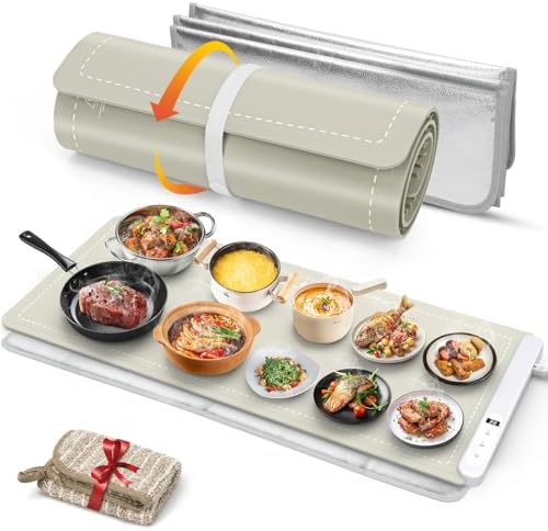 FYY Extra Large Warming Mat for Food with Heat Resistant Pad, Prevent Countertop Cracks, Keep Meal Warm, Rapid and Full Surface Heating, 6 Temp Settings, 6H Timer, Rollable Portable Food Warmer Khaki by FYY