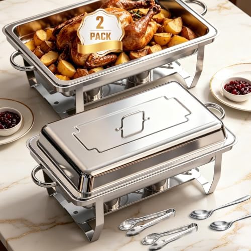 Chafing Dishes for Buffet, 2 Pack 9QT Stainless Steel Rectangular Buffet Servers and Warmers, Buffet Warmer Set with 2 Serving Tongs&Spoons, Food Warmers for Parties, Weddings, Catering Events by Unknown