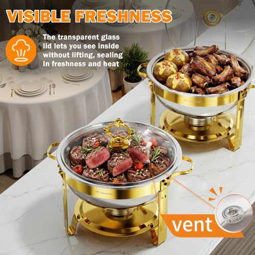 Chafing Dishes for Buffet, 6QT 2 Pack Round with Glass Lid, Gold - Image 2
