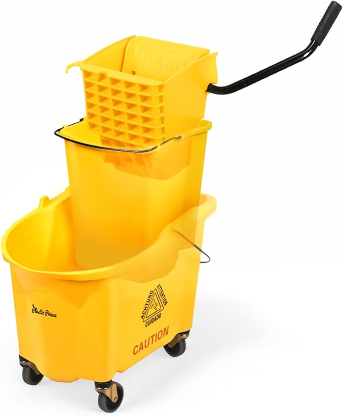35-Quart Yellow Side-Press Mop Bucket and Wringer Combo on Wheels with Dirty Water Bucket for Commercial Use Perfect for Professional Industrial Business Household