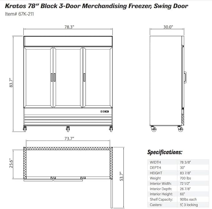 Kratos Commercial Three Door Merchandising Freezer, Large Glass Door Black Mobile Display Freezer for Markets and C Stores, 78" Wide, LED Lighting, 115V (67K-211)