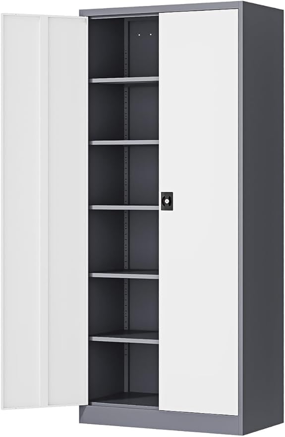 Metal Storage Cabinet-71” Tall Steel File Cabinets with Lockable Doors and Adjustable Shelves-Gray&White Steel Storage Cabinet for Home,Kitchen, School, Office, Garage