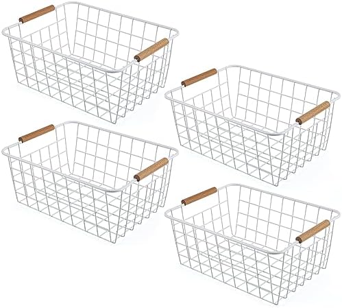 Wire Basket 4 Pcs Metal Wire Storage Basket with Wooden Handles for Pantry by ELEATTRUN
