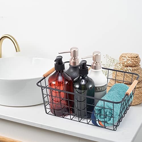 Black 2PCS Wire Storage Baskets with Wooden Handles for Pantry Organizer - Image 6