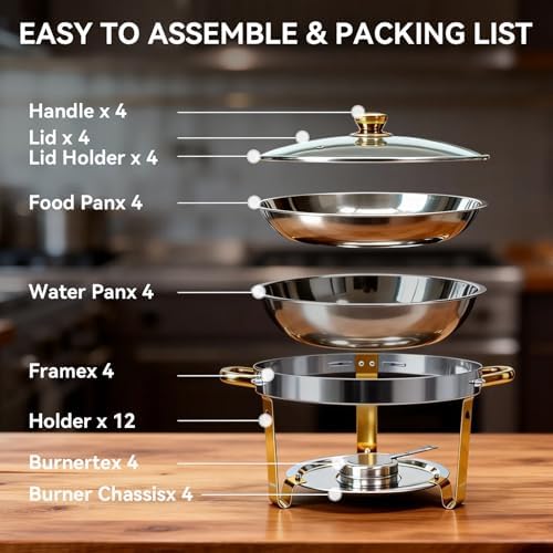 4-Pack Chafing Dishes for Buffet, 6QT 304 Stainless Steel Chafing Dish Buffet Set with Glass Lid, Complete Food Warmers for Parties Buffet Catering Events Dinners, Gold & Silver - Image 3