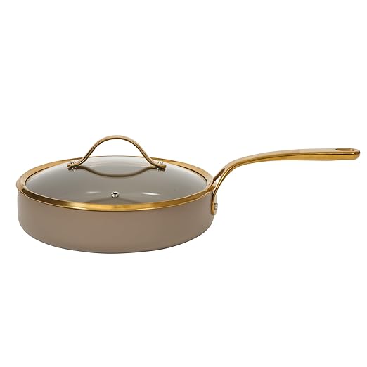 Bloomhouse - Two Time Oprah's Favorite Things Winner - 8 Piece Pots and Pans Heavy Duty Aluminum Premium PFA Free Ceramic Nonstick Dutch Oven Pot with Lid - Cappuccino Cream with Gold Handle