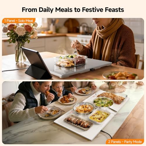 FEPPO Electric Warming Tray with Independent Temp Control, 31"x15" Glass Surface Warming Mat for Food, 10 Temp Settings and Timer, 2-in-1 Food Warmers for Parties Buffet - Image 2