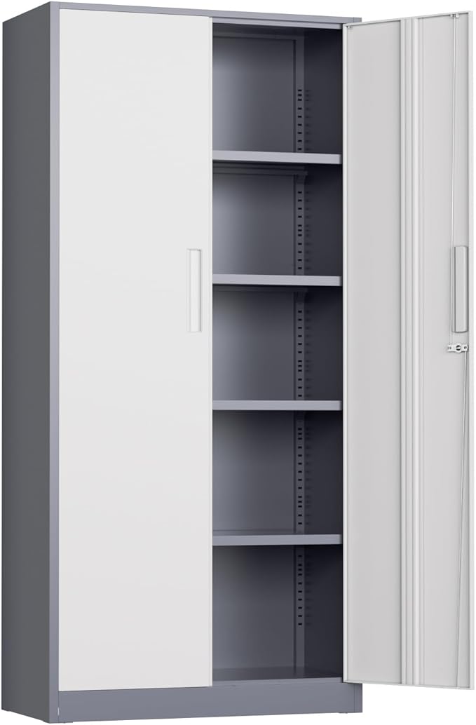 Oakmont Metal Storage Cabinet for Tool Organization, 72" Lockable Garage Storage Cabinets with 2 Doors and 4 Adjustable Shelves, Locking File Cabinet for Office, Home, School (72“ Wide-GreyWhite)