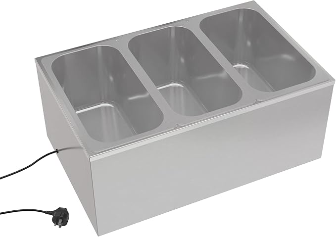 KoolMore Commercial Bain Marie Countertop Food Warmer, Soup Station, and Buffet Table Server with Three Serving Section and Tap, Stainless-Steel Steamer with Auto Shut Off (CFW-3T), Silver