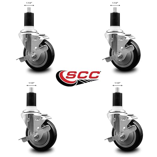Service Caster Brand Replacement Set for Uline Casters - Swivel 1-1/2 Inch Expanding Stem Casters with 4 Inch Black Polyurethane Wheel-Includes 4 Swivel Casters and Brakes- Fits Uline Worktable H-5746