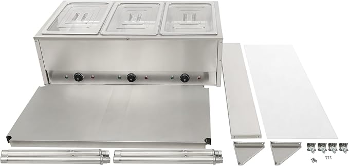 Commercial Electric Steam Table, 3-Pan Open Well Electric Stainless Steel Steam Table Food Warmer, Stainless Steel Steam Table, for Restaurant