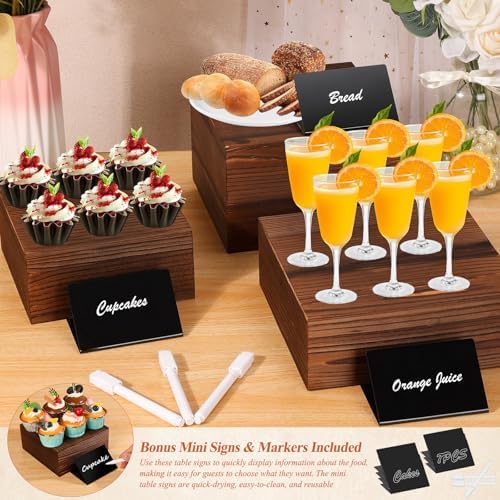 Qinzave 7 Pack Wooden Risers Display Stands with Acrylic Maker Pen and Mini Sign, Food Risers for Buffet Table Shelf Display Stand for Party Catering Dessert Cupcake Jewelry - Image 6
